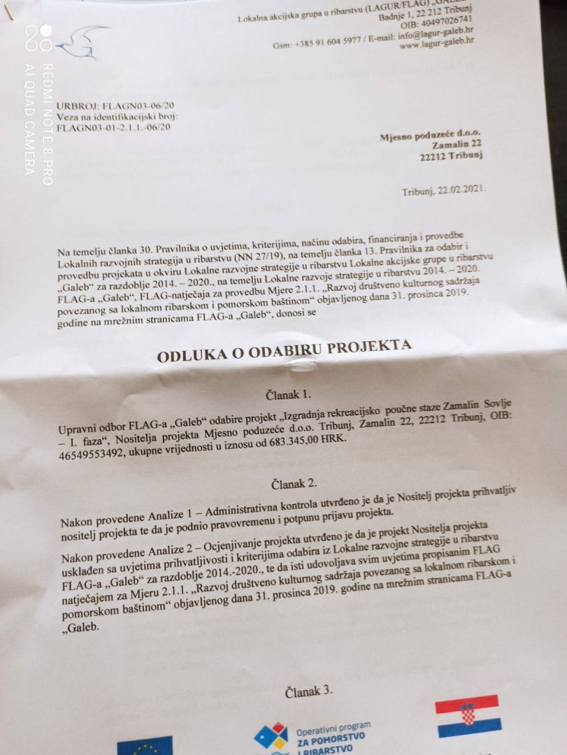 Stigla potvrda o odabiru projekta izgradnje šetnice Zamalin Sovlje od strane LAGUR-a Galeb